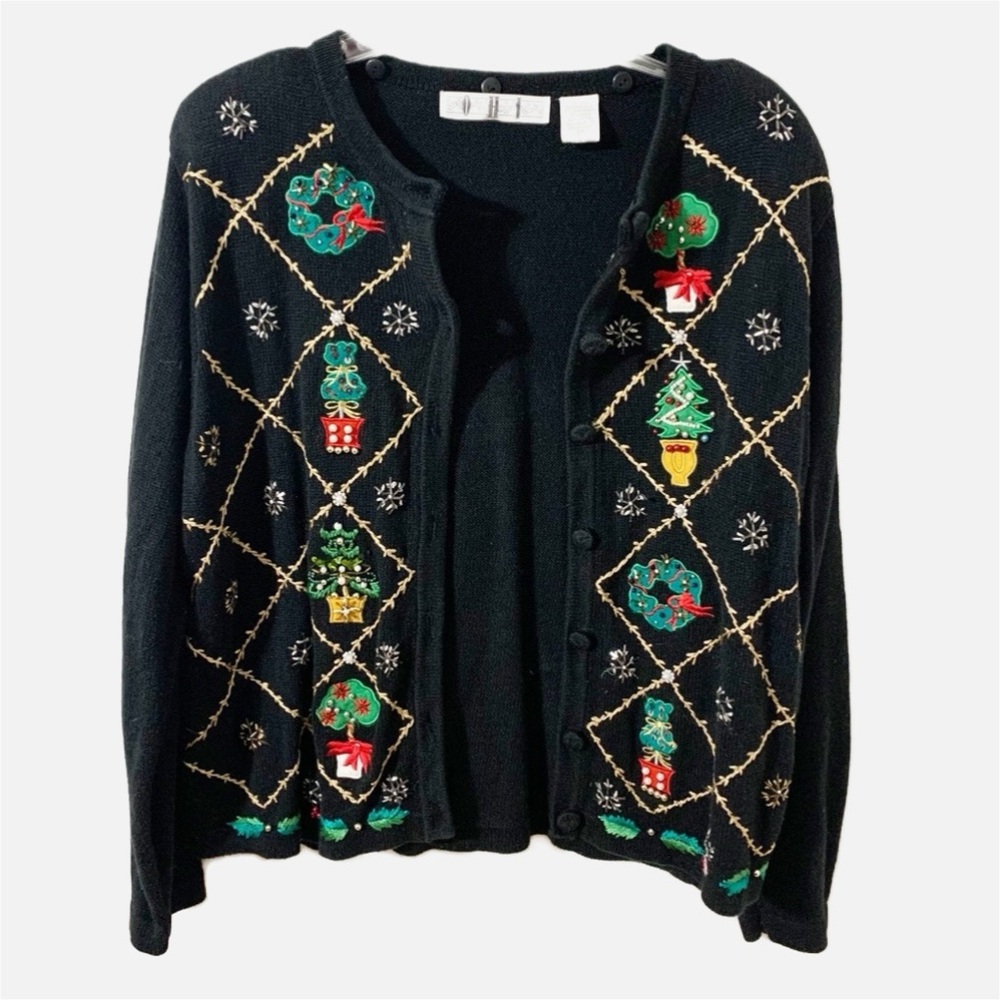 Vintage OHI Christmas Sweater Embroidered Beaded Wreath Trees Snowflakes Festive